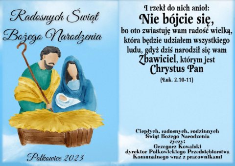 kartka świąteczna na niebieskim tle obrazek dwie postacie z niemowlęciem stojące nad żłobem życzenia świąteczne 